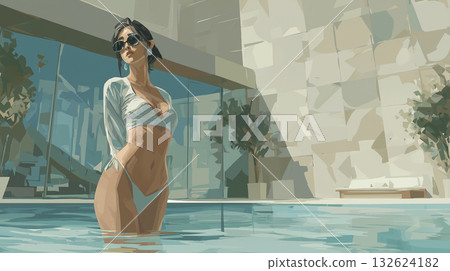 Japanese woman by the pool / Minimal hotel background, cleanliness, copy space 132624182