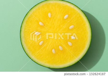 Freshly sliced yellow watermelon with white seeds on pastel green background showcasing vibrant summer fruit freshness, AI Generative 132624187