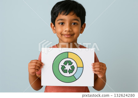 Smiling young boy holding a paper with a colorful recycling symbol, promoting environmental awareness and sustainable practices, AI Generative Smiling young boy holding a paper with a colorful recycling symbol, promoting environmental awareness and sustainable practices, AI Generative 132624280