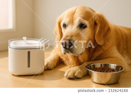 Golden retriever lying on wooden floor indoors next to automated water dispenser and bowl filled with dry food in natural light, AI Generative 132624288
