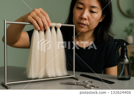 Hair specialist demonstrating blonde wig design using synthetic hair extensions, showing professional hairdressing tools on a table, AI Generative 132624408
