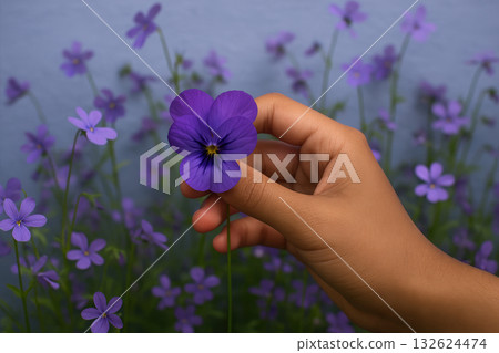 Hand gently holding vibrant purple violet flower with natural green stem against soft focus background of blooming blue and purple blossoms, AI Generative 132624474