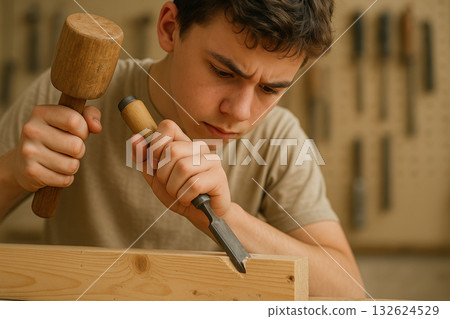 Focused young male woodworker chiseling wooden plank in workshop, concentrating on precision crafting and traditional carpentry techniques, AI Generative Focused young male woodworker chiseling wooden plank in workshop, concentrating on precision crafting and traditional carpentry techniques, AI Generative 132624529