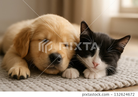 Golden retriever puppy and black and white kitten sleeping together on cozy rug in a warm, serene indoor environment, AI Generative 132624672