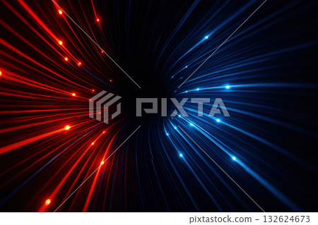Dynamic swirling tunnel of glowing red and blue light trails in a futuristic abstract motion against a dark background, AI Generative 132624673