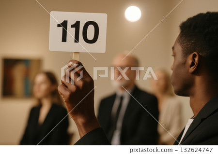 Business professional holding bid card number 110 during lively auction event in modern indoor setting with focused participants, AI Generative 132624747