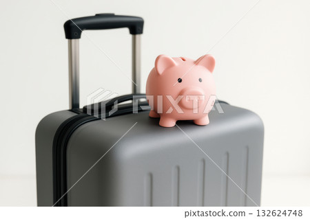Pink piggy bank resting on a modern travel suitcase symbolizing savings, budget friendly trips, and efficient financial planning, AI Generative 132624748