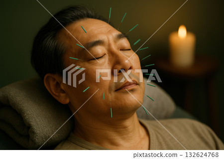Relaxed middle aged man receiving facial acupuncture therapy in tranquil spa setting with soft candlelight ambiance, AI Generative Relaxed middle aged man receiving facial acupuncture therapy in tranquil spa setting with soft candlelight ambiance, AI Generative 132624768