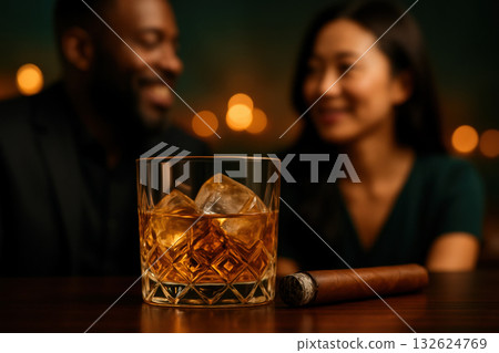 Elegant evening with whiskey on the rocks and cigar, two people enjoying sophisticated conversation, warm ambiance, selective focus, AI Generative 132624769