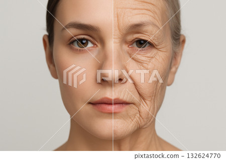 Split face showing contrast between young and old woman, illustrating aging, skin texture, and life stages in a closeup portrait, AI Generative Split face showing contrast between young and old woman, illustrating aging, skin texture, and life stages in a closeup portrait, AI Generative 132624770