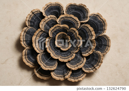 Dark layered turkey tail mushroom with concentric patterns on light textured surface showcasing detailed natural structure, AI Generative 132624790