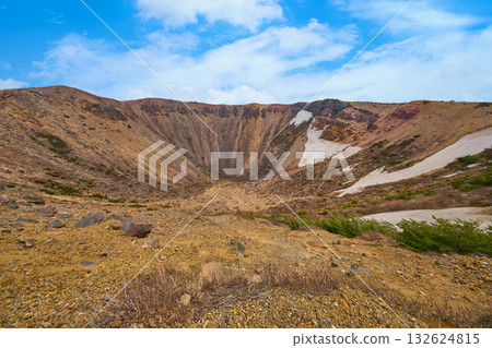 View of the snow-covered crater from the western ridge of Mount Azuma Kofuji in Fukushima City, Fukushima Prefecture View of the snow-covered crater from the western ridge of Mount Azuma Kofuji in Fukushima City, Fukushima Prefecture 132624815