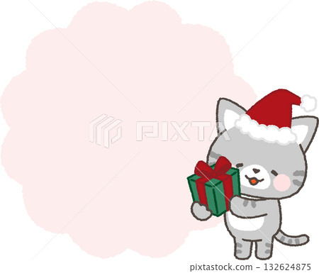 A tabby cat wearing a Santa hat holding a present and a speech bubble A tabby cat wearing a Santa hat holding a present and a speech bubble 132624875