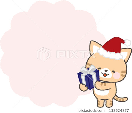 A brown tabby cat wearing a Santa hat holding a present and a speech bubble A brown tabby cat wearing a Santa hat holding a present and a speech bubble 132624877