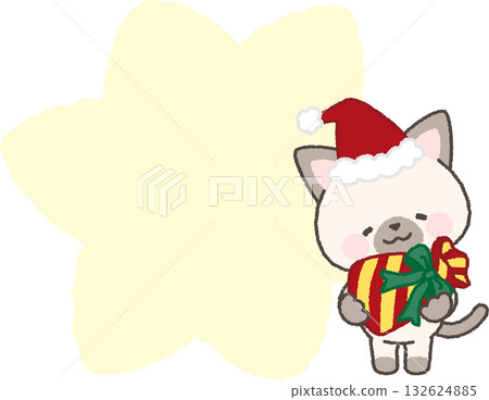 A Siamese cat wearing a Santa hat holding a gift and a speech bubble 132624885