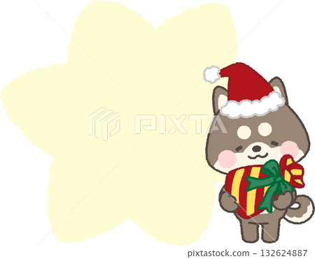 A black Shiba Inu wearing a Santa hat holding a present and a speech bubble 132624887