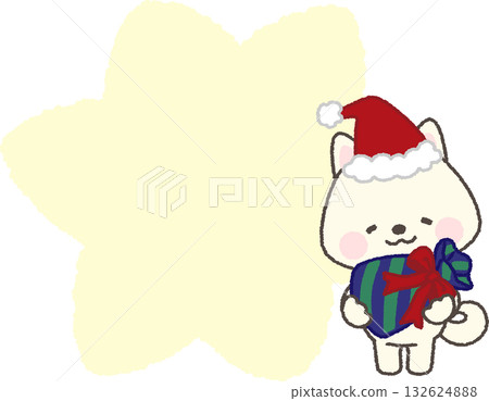 戴著聖誕帽、手持禮物、頭頂出現對話框的白色柴犬 戴著聖誕帽、手持禮物、頭頂出現對話框的白色柴犬 132624888