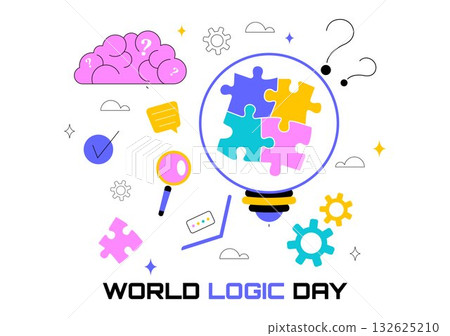 World Logic Day Vector Illustration Featuring Creative Thinking, Analytical Mind, Puzzle, Decision Making, and Smart Brain in a Flat Background 132625210