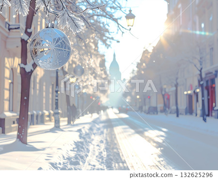 Winter decorations swaying on the rows of trees Winter decorations swaying on the rows of trees 132625296
