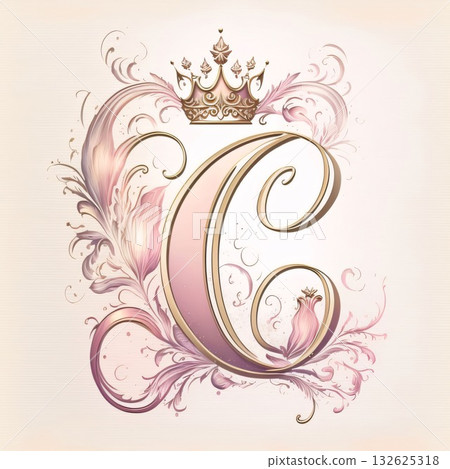 Vintage letter C with crown and floral elements. Vector illustration. Vintage letter C with crown and floral elements. Vector illustration. 132625318