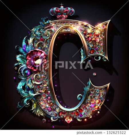 Luxury floral capital letter C with gems and crown. Computer generated graphics. Luxury floral capital letter C with gems and crown. Computer generated graphics. 132625322