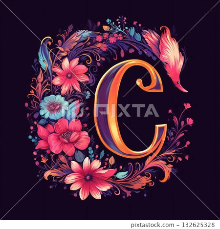 Floral letter C in ukrainian folk style. Vector illustration. Floral letter C in ukrainian folk style. Vector illustration. 132625328