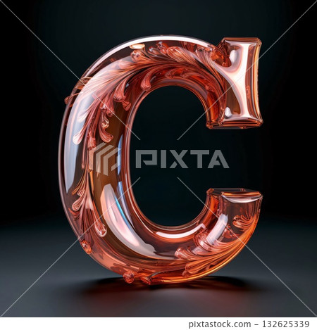 Liquid copper letter C uppercase. 3D render transparent font isolated on black background. Liquid copper letter C uppercase. 3D render transparent font isolated on black background. 132625339