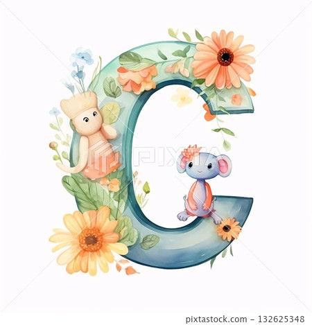 Alphabet Letter C with flowers and mouse. Watercolor illustration. Alphabet Letter C with flowers and mouse. Watercolor illustration. 132625348