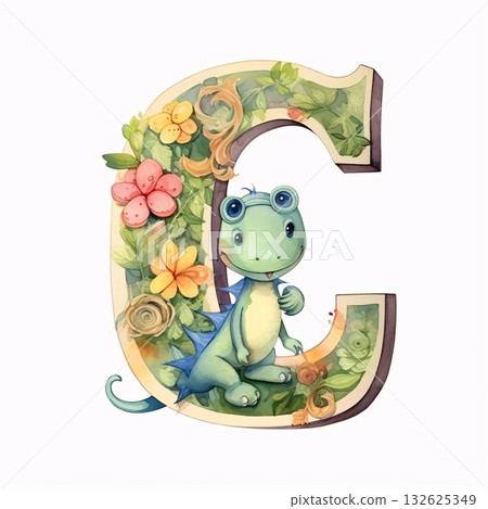 Font design for the letter C with dinosaur and flowers. Watercolor illustration. Font design for the letter C with dinosaur and flowers. Watercolor illustration. 132625349