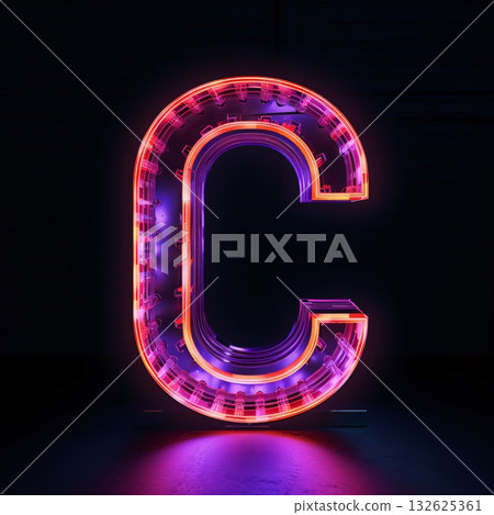 Neon letter C on dark background. 3D rendering. Neon alphabet. 132625361