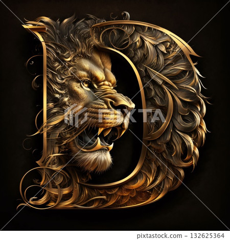 Lion in the style of a tattoo on a black background. letter D 132625364