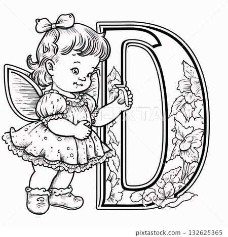 Cute little girl with flowers. Capital letter D - coloring page 132625365