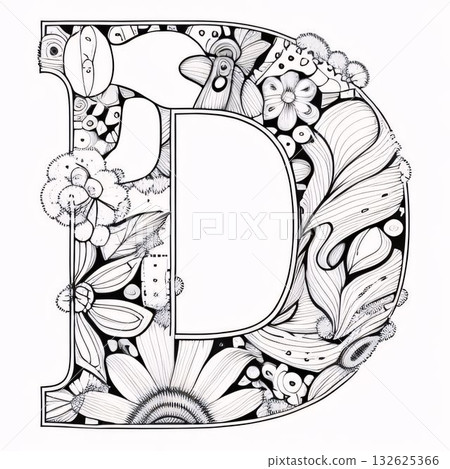 Black and white floral capital letter D, coloring page for adults. 132625366