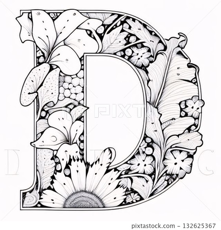 Beautiful hand drawn floral capital letter D, coloring page for adults 132625367