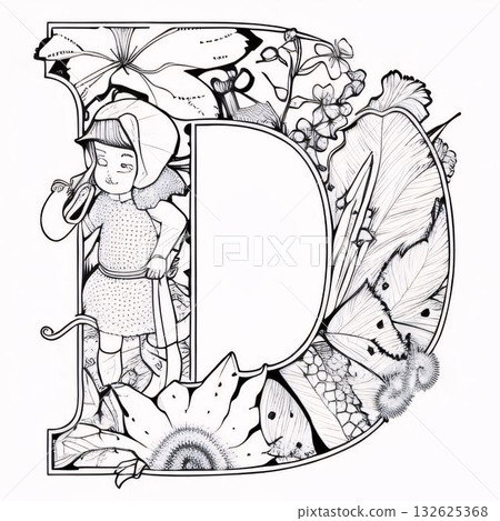 Hand drawn letter D with butterfly and sunflower. Black and white vector illustration. Hand drawn letter D with butterfly and sunflower. Black and white vector illustration. 132625368