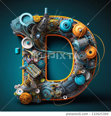 Letter D made of electronic components. 3D illustration. Technology concept. 132625369