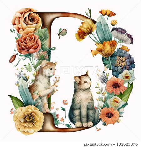 Capital letter D with cute cat and flowers. Hand drawn watercolor illustration 132625370