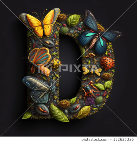 Letter D made of different insects and flowers, isolated on black background Letter D made of different insects and flowers, isolated on black background 132625386