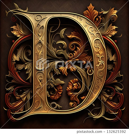 Luxury letter D with floral ornament on a brown background. Luxury letter D with floral ornament on a brown background. 132625392