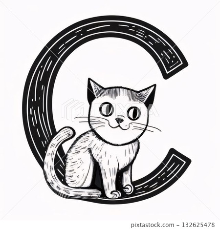 Cute hand drawn cat. Vector illustration. Isolated on white background. letter C 132625478