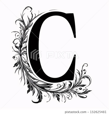 letter c in the style of baroque with flowers and leaves letter c in the style of baroque with flowers and leaves 132625481