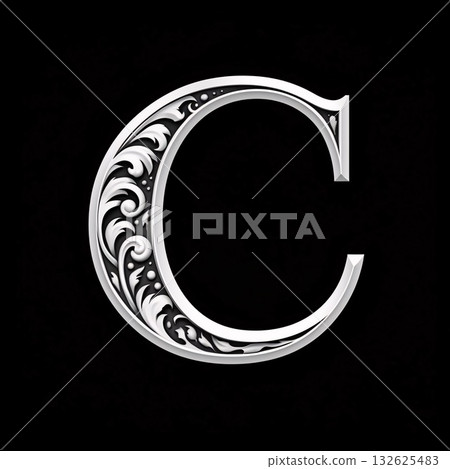 Silver letter C with ornament on a black background. 3d render Silver letter C with ornament on a black background. 3d render 132625483