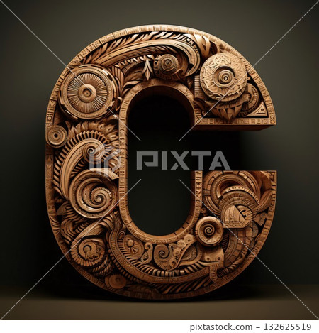 3d letter C made of wood with floral ornament. 3d rendering 132625519