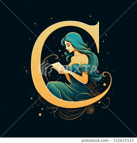 Beautiful girl reading a book in the moonlight. Vector illustration. letter C 132625523