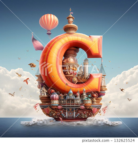 The letter C shaped like a Hindu temple on the sea and sky background The letter C shaped like a Hindu temple on the sea and sky background 132625524