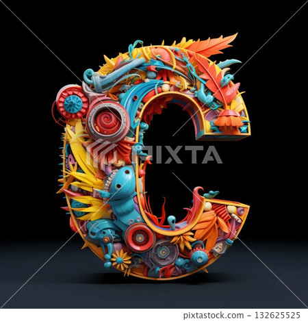 Letter C made of fantasy plants and animals. 3D render. Letter C made of fantasy plants and animals. 3D render. 132625525