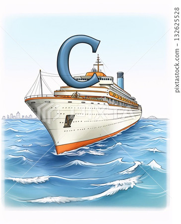 Cruise ship in the sea with a blue arrow. Vector illustration. letter C Cruise ship in the sea with a blue arrow. Vector illustration. letter C 132625528