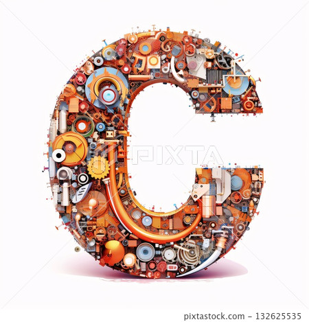 Alphabet letter C made from industrial mechanical parts. Vector font for your design 132625535
