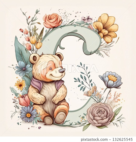 C letter with cute bear and flowers. Hand drawn vector illustration. C letter with cute bear and flowers. Hand drawn vector illustration. 132625545