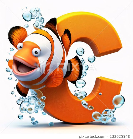 Cartoon clown fish with a big letter C in the form of an alphabet Cartoon clown fish with a big letter C in the form of an alphabet 132625548